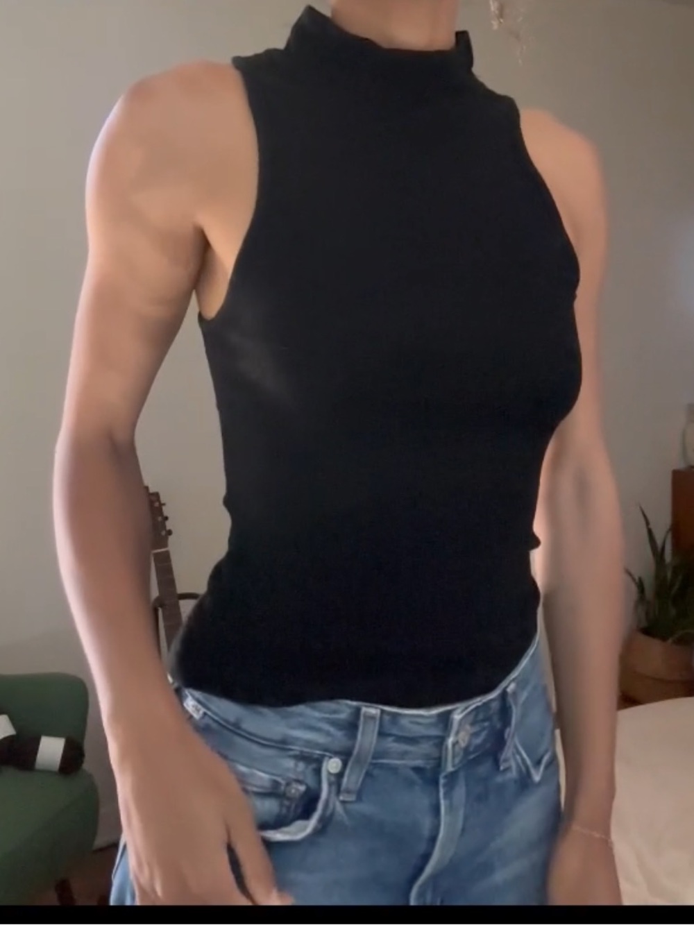 Sleeveless Ribbed Mock Neck Top - Black